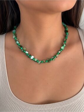 Green Mother of Pearl Beaded Necklace | 18” Statement Choker | Handmade